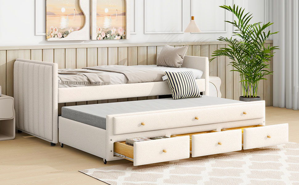 Upholstered Daybed With Trundle And Drawers