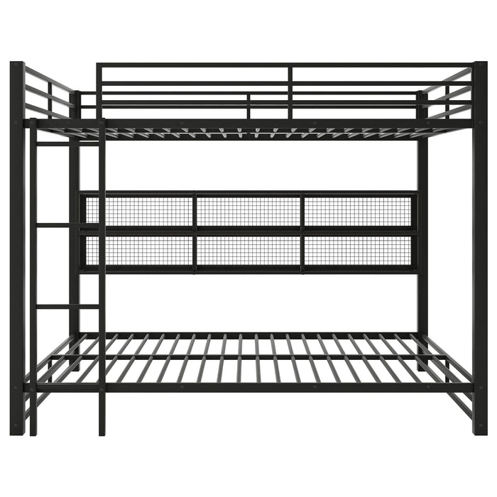 Queen Over Queen Bunk Bed With Storage Cabinets And LED Sturdy Frame, 6 Storage Units, Adjustable LED Lights - Black