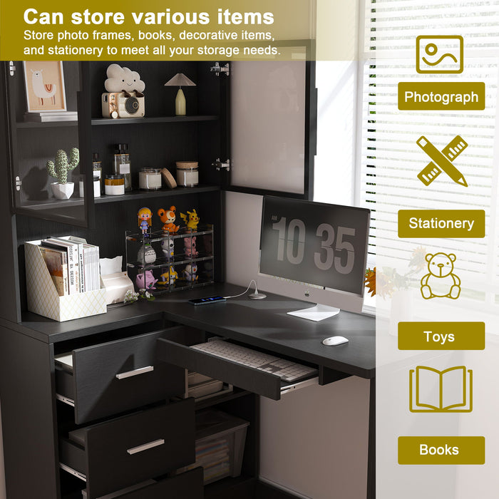 L-Shaped Computer Desk With Glass Cabinets, Built In LED Lights, USB Charging Ports