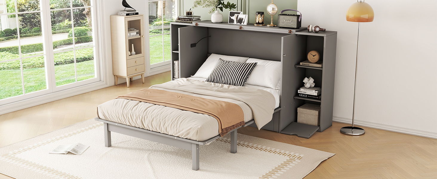 Murphy Bed With Shelves, Drawers And USB Ports