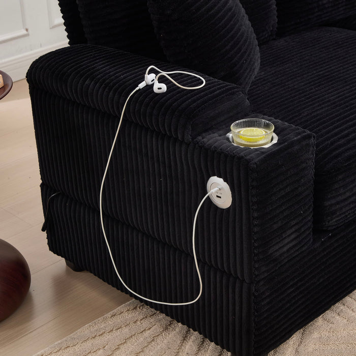 Convertible Sectional Sofa Bed Set With Armrest Storage, Cup Holder, USB - Black
