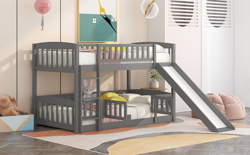 Bunk Bed With Slide, Twin Over Twin Low Bunk Bed With Fence And Ladder For Toddler Kids Teens Gray