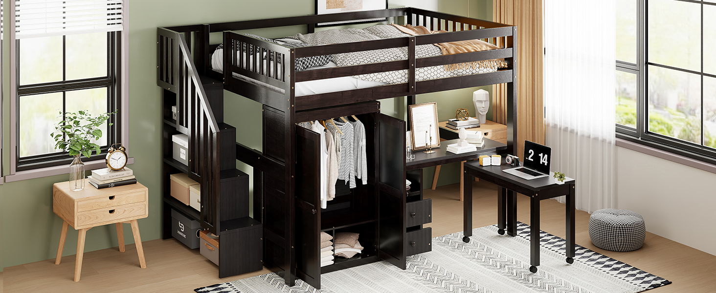 Loft Bed With Stairs, Bookshelf, Drawers, Desk & Wardrobe, Space Saving Multifunctional Furniture