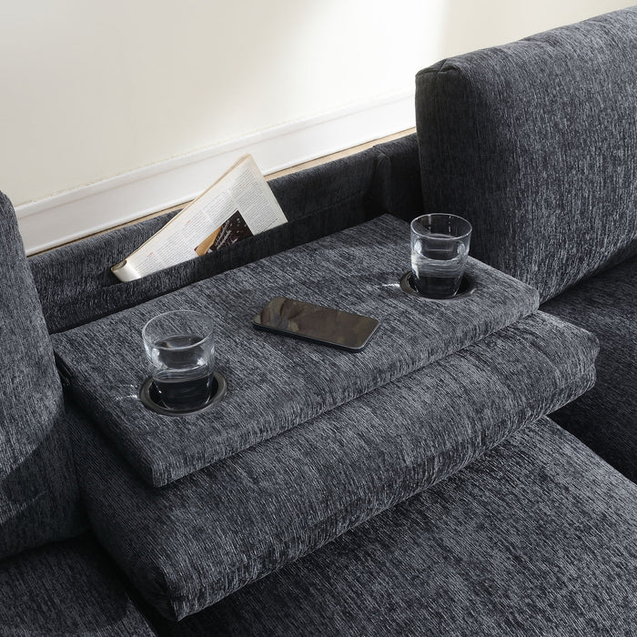 Sectional With Bluetooth Speaker Comfy Cloud Couch Set With Drop Down Table Cup Holders, USB Charger Storage Armrest Wide Seat Sofa