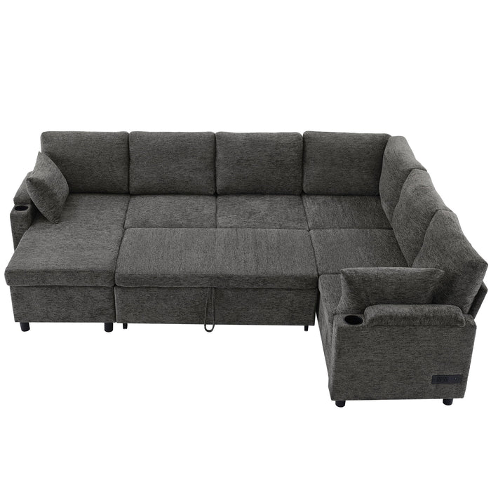 U-Shaped Sectional Sleeper Sofa With Ample Storage Space, 2 Cup Holders And Charging Ports For Living Room