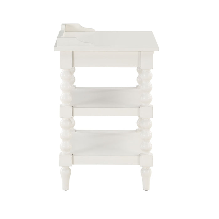 Aria - Nightstand With Styling, 2 Shelves, Pull Out Tray, Spool Turned Legs - Antique White