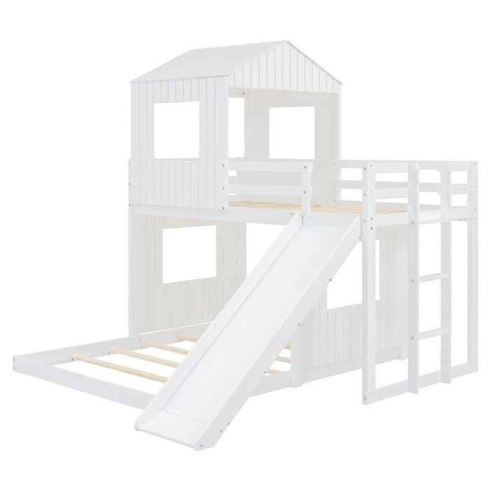 Loft Bunk Bed With Playhouse, Farmhouse, Ladder, Slide And Guardrails