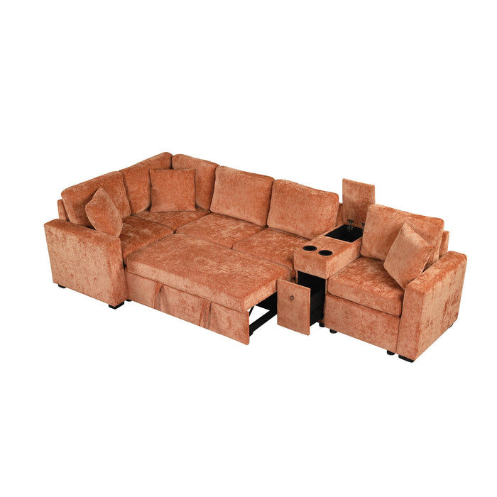Contemporary L Shaped Convertible Sofa Bed With Pull Out Bed, Cup Holders, And Storage
