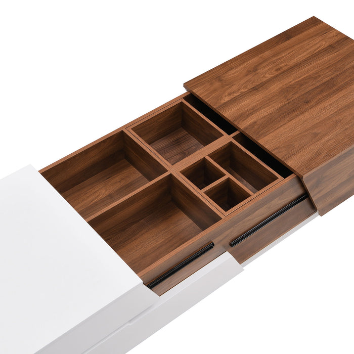 Extendable Sliding Top Coffee Table With Storage, Rectangle Shape - White / Walnut