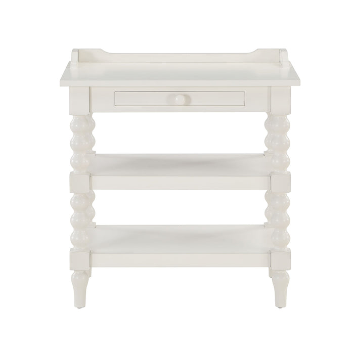Aria - Nightstand With Styling, 2 Shelves, Pull Out Tray, Spool Turned Legs - Antique White