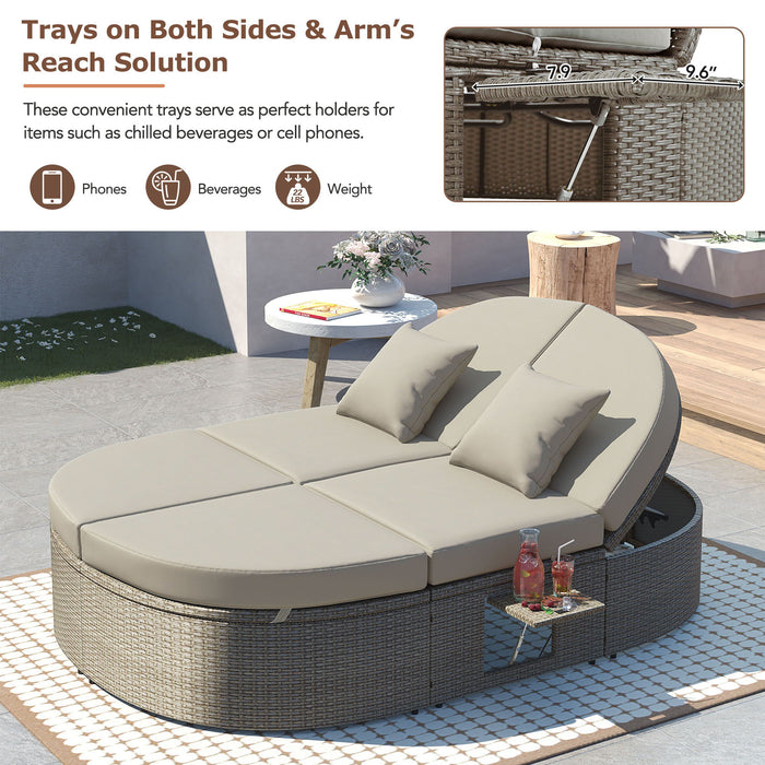 Topmax Outdoor Sun Bed Patio 2-Person Daybed With Cushions And Pillows, Rattan Garden Reclining Chaise Lounge With Adjustable Backrests And Foldable Cup Trays For Lawn, Poolside, Gray