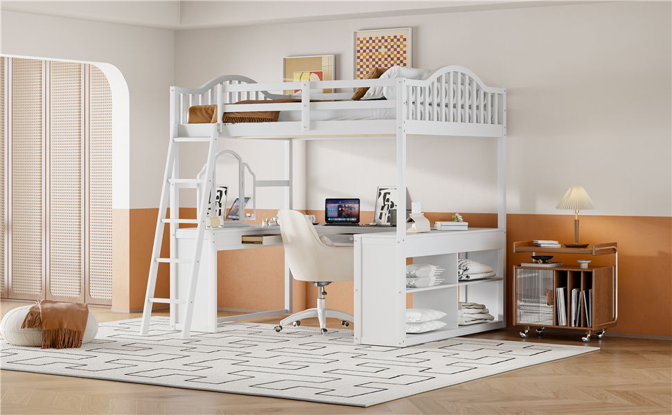 Loft Bed With Drawers, Cabinet, Shelves With Desk