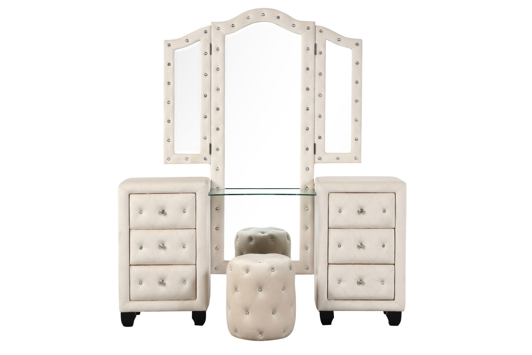Sophia Crystal Tufted Full 4 Pieces Vanity Bedroom Set Made With Wood In Cream