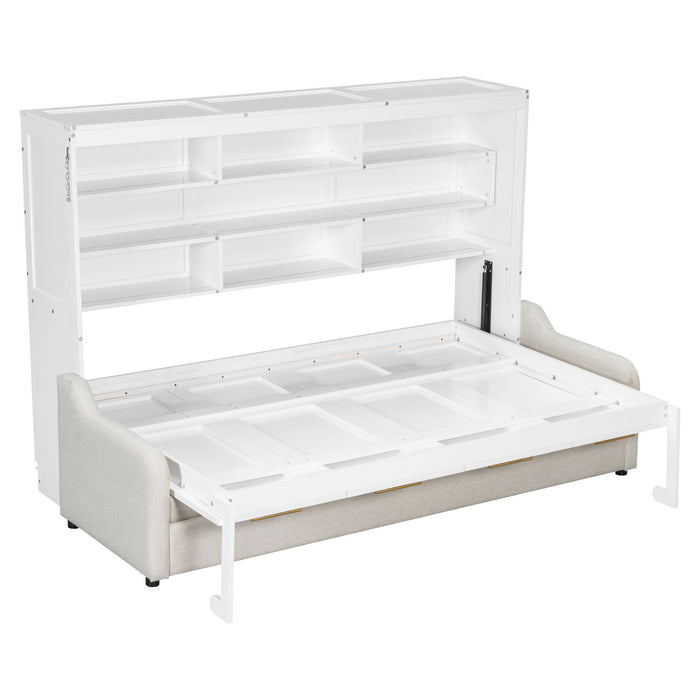 Murphy Cabinet Bed With Folding Sofa, Built In Storage Shelves And LED Light