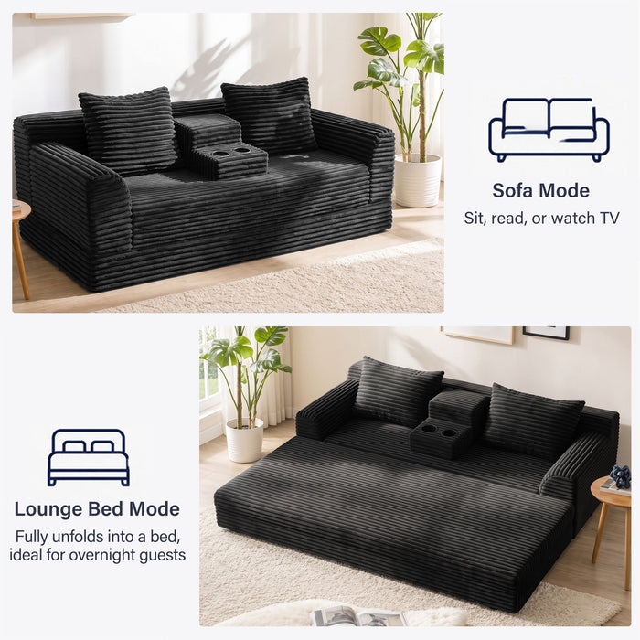 Soft Striped Convertible Sofa Bed, Dual Use Lounge Couch With Cup Holders And Pillows