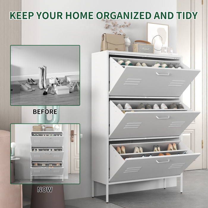 Modern Shoe Storage Cabinet With 3 Flip Drawers And Metal Frame For Entryway - Brushed Nickel