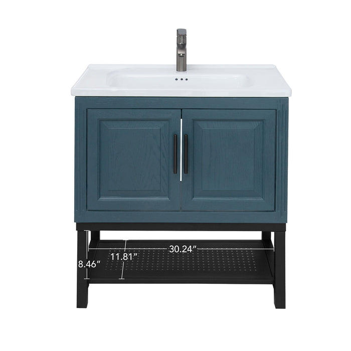 Modern Freestanding Bathroom Vanity With Ceramic Sink, Hot And Cold Faucet, Storage Cabinet & Open Shelf