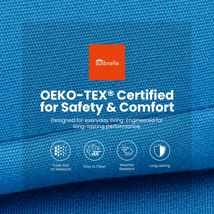 3 Piece Outdoor Patio Lounge Set, 2 Chaise & 1 End Table With Modern Tapered Feet, Pneumatic Adjustable Backrest, Wheels, Sunbrella Cushion - Ember Black / Blue