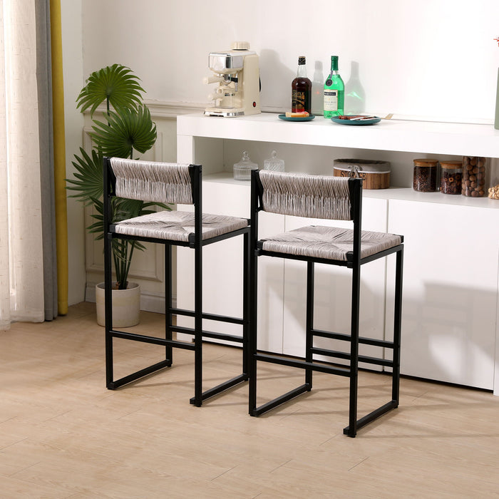 Bar Stools Paper Rope Weave Dining Chairs With Back Hand Weave Stools For Kichen Island, Bar & Counter (Set of 2)
