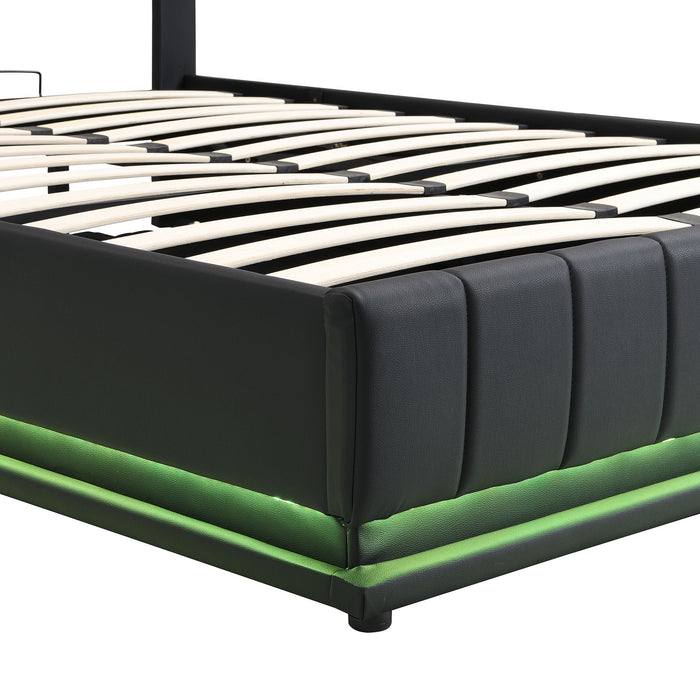 Upholstered Bed With Hydraulic Storage System And LED Light, With Sockets And USB Ports