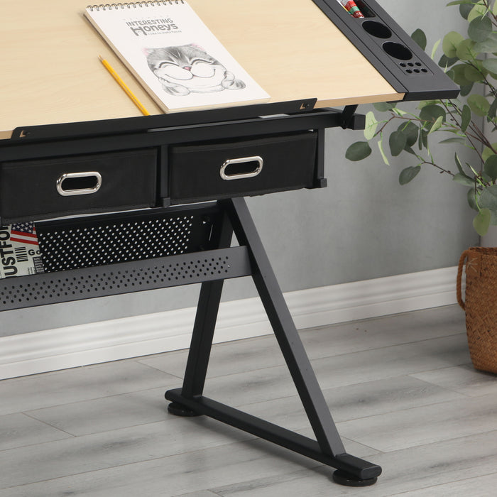 Adjustable Drawing Drafting Table Desk With 2 Drawers For Home Office And School With Stool (Wood)