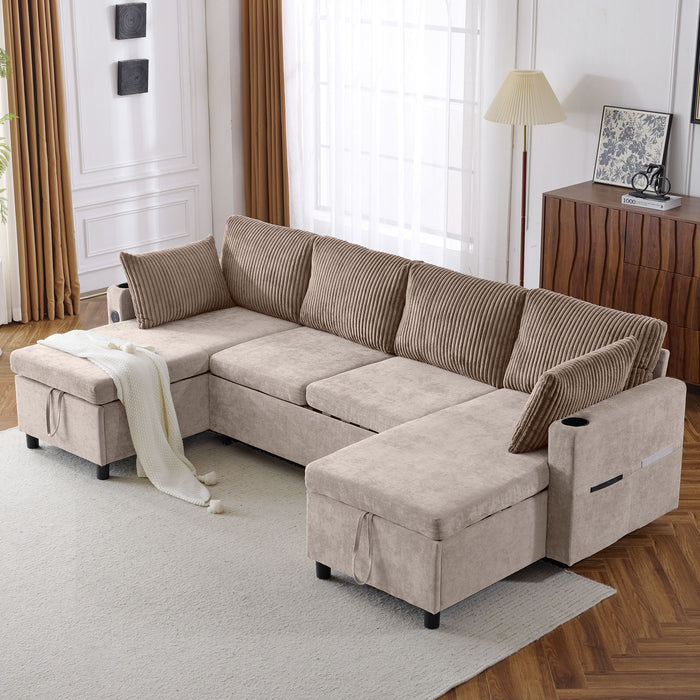 Sectional Sofa Bed With Pull Out Sleeper, USB Ports, Cup Holders