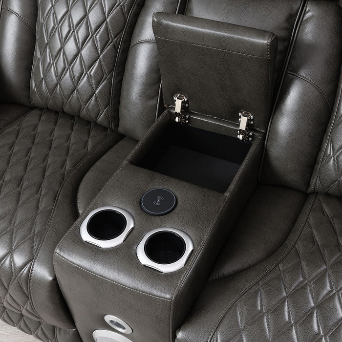 Taddeo - Power Motion Loveseat With Console, Speaker, USB, Wireless Charger & LED - Dark Gray
