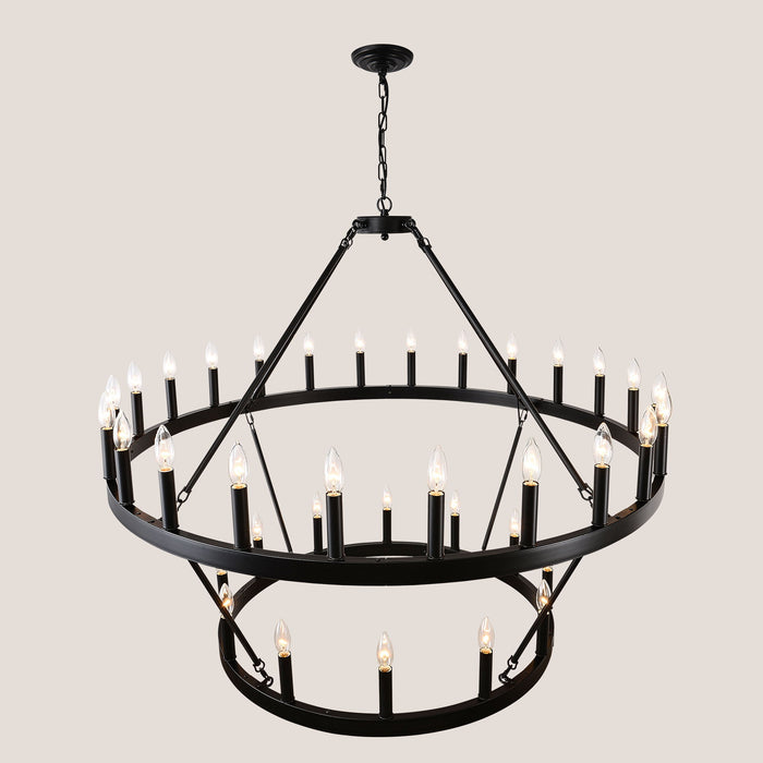 2 Tiers Wagon Wheel Chandelier Wooden Farmhouse 36 Light (24 / 12) Or (12 / 24) Metal Chandeliers 2 Story Light Fixtures Industrial For High Ceiling Living Dining Room Foyer, Adjustable Height - Black