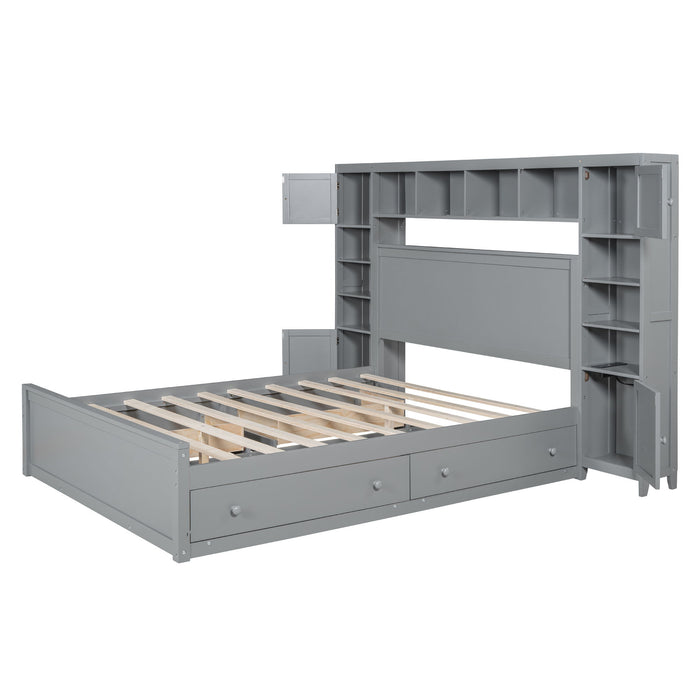 Queen Size Wooden Bed With All In One Cabinet, Shelf And Sockets - Gray