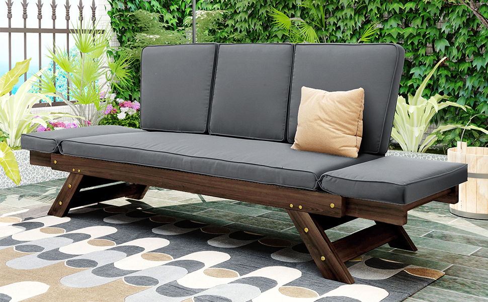 Topmax Outdoor Adjustable Patio Wooden Daybed Sofa Chaise Lounge With Cushions For Small Places, Brown Finish / Gray Cushion