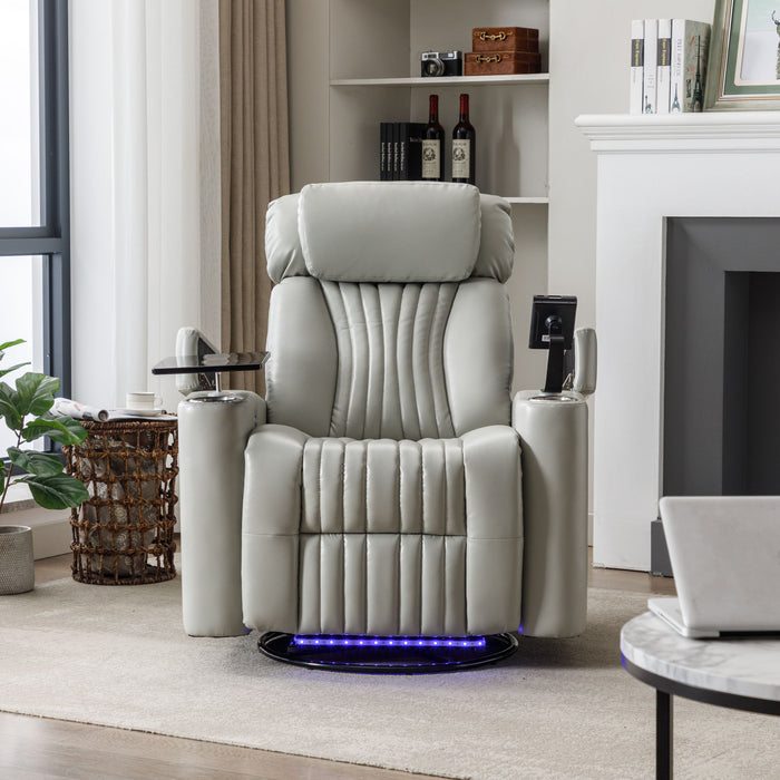 270° Power Swivel Recliner Home Theater Chair With Hidden Arm Storage, LED Light, Cup Holder, And Tray Table