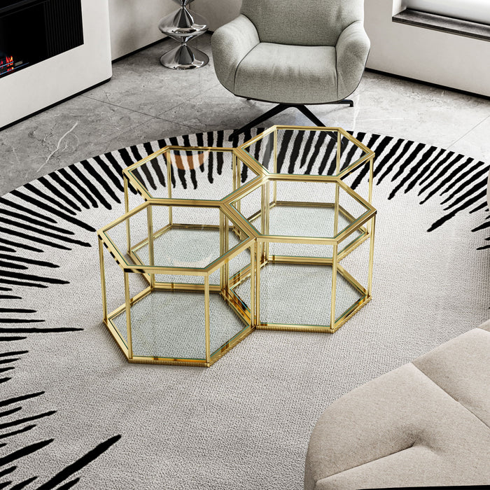Modern Coffee Table With Double Layer Tempered Glass And Polygonal Design