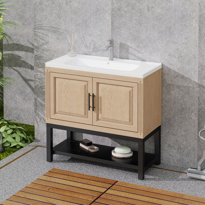 Modern Freestanding Bathroom Vanity With Ceramic Sink, Hot And Cold Faucet, Storage Cabinet & Open Shelf