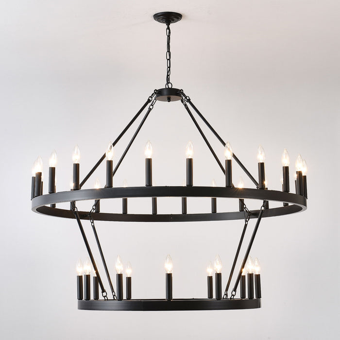 2 Tiers Wagon Wheel Chandelier Wooden Farmhouse 36 Light (24 / 12) Or (12 / 24) Metal Chandeliers 2 Story Light Fixtures Industrial For High Ceiling Living Dining Room Foyer, Adjustable Height - Black