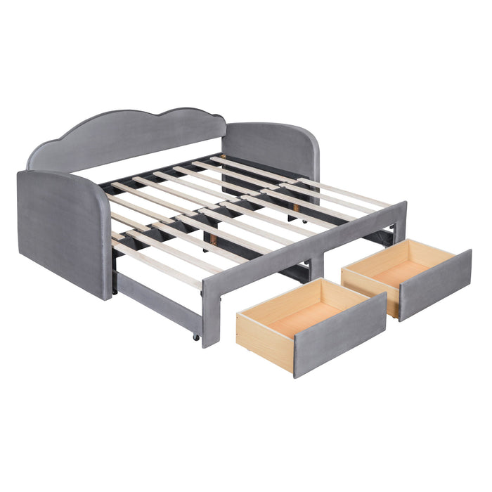 Upholstered Daybed With Cloud-Shaped Backrest, Trundle & 2 Drawers And USB Ports