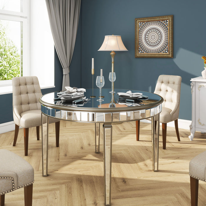 Round Glass Dining Table With Mirror Top - Silver