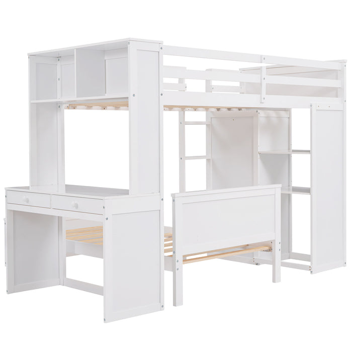 Loft Bed With A Stand Alone Bed, Shelves, Desk, And Wardrobe