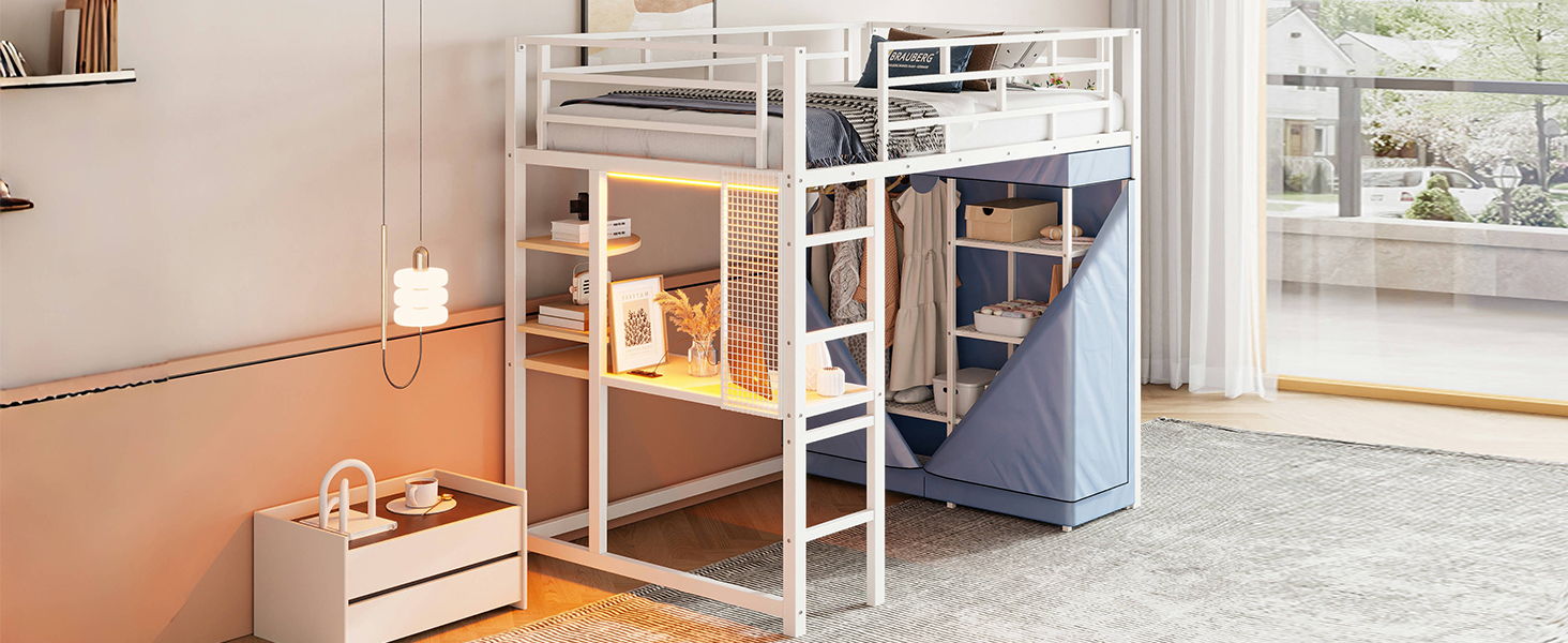 Loft Bed With Desk, Shelves, Power Outlet, LED Light And Wardrobe