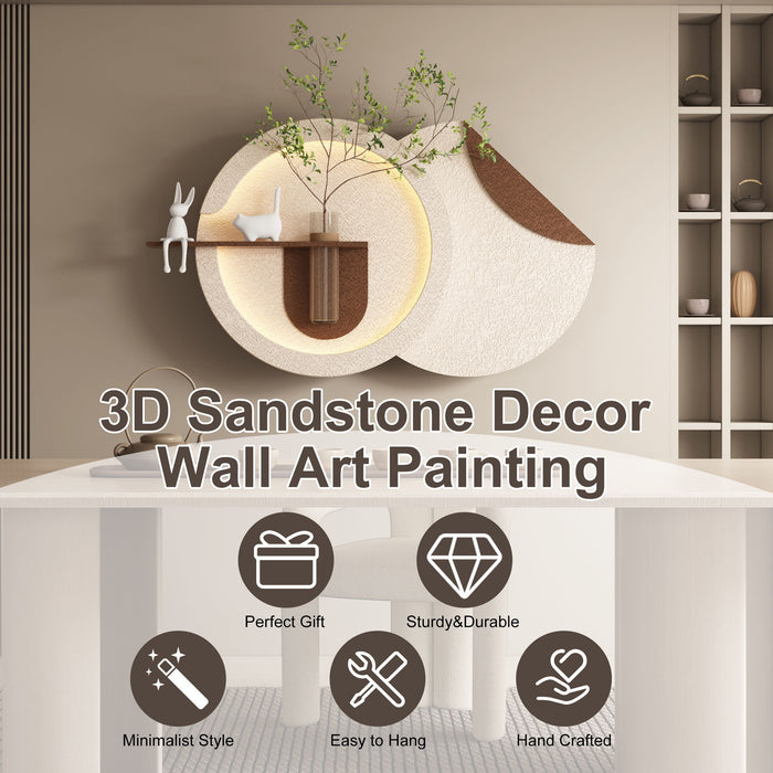 Adjustable 3 Color LED Sandstone Double Disc Wall Art With Simulated Greenery, Vase & Rabbit Statue - Light Coffee