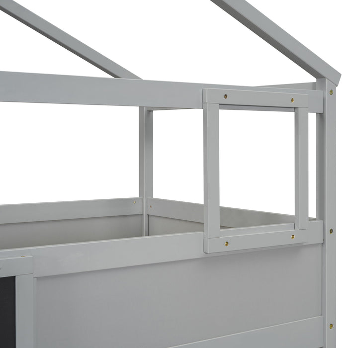 House Style Bunk Bed With Storage Staircase And Blackboard