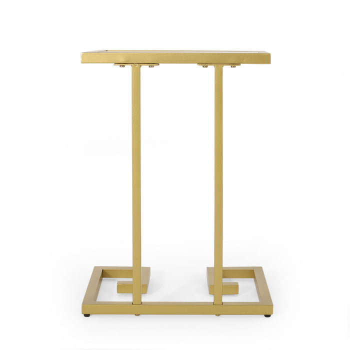 Modern Glam C Shaped End Table With Tempered Glass Top - Gold