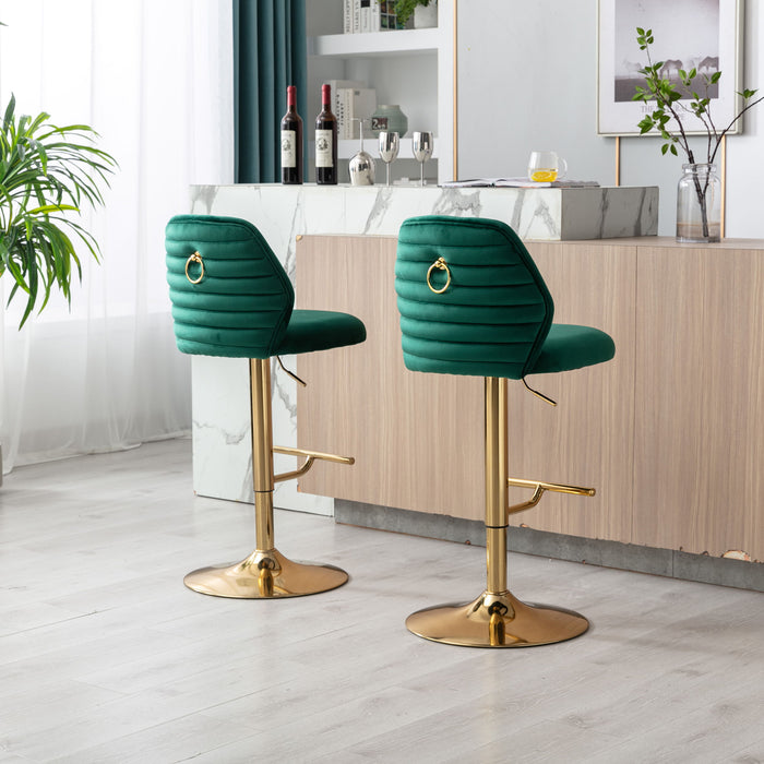 Swivel Bar Stools Chair (Set of 2) Modern Adjustable Counter Height Bar Stools, Velvet Upholstered Stool With Tufted High Back & Ring Pull For Kitchen, Chrome Golden Base, Green