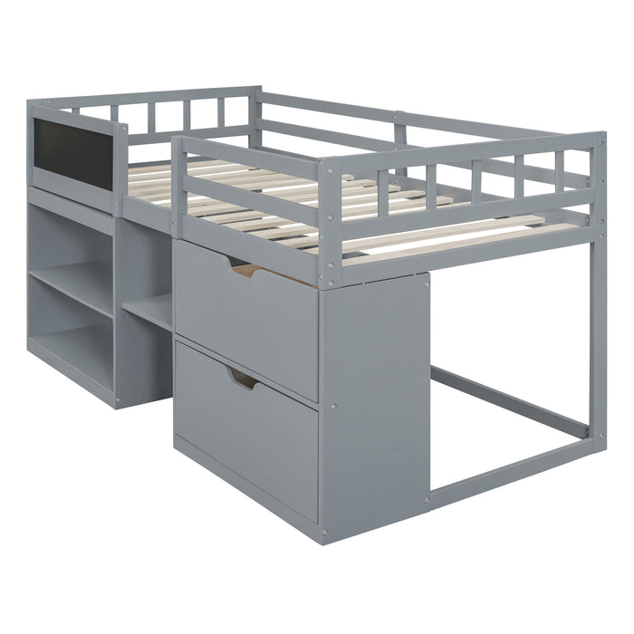 Low Loft Bed With Rolling Desk, Shelf And Drawers