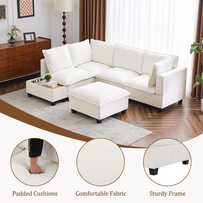 U-Shaped Sectional Modular Sofa With A Movable Ottoman, A Coffee Table With Hidden Charging Devices For Living Room
