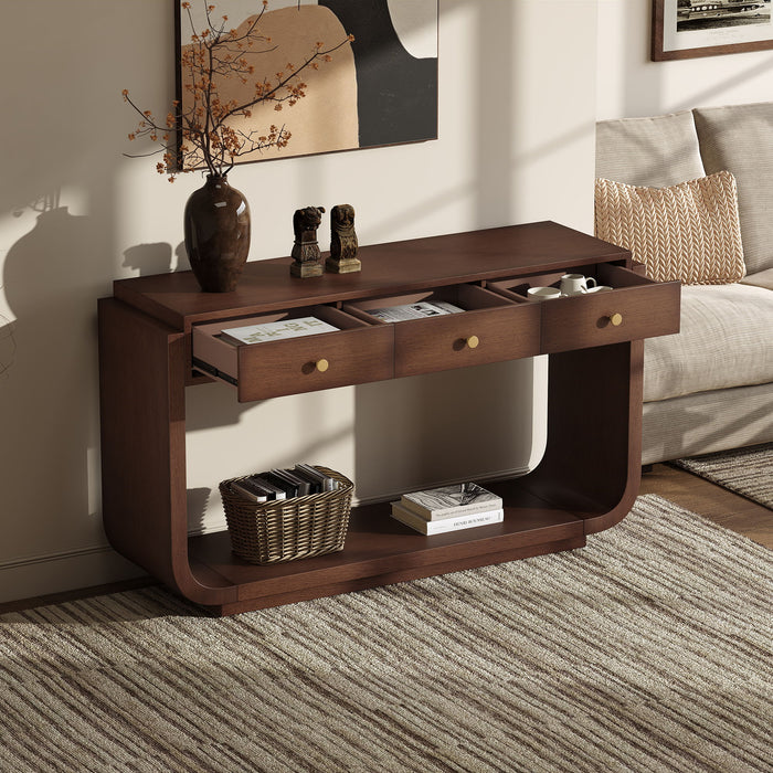 Console Table With 3 Drawers, Display Shelf, Curved Legs - Walnut