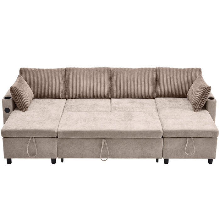 Sectional Sofa Bed With Pull Out Sleeper, USB Ports, Cup Holders