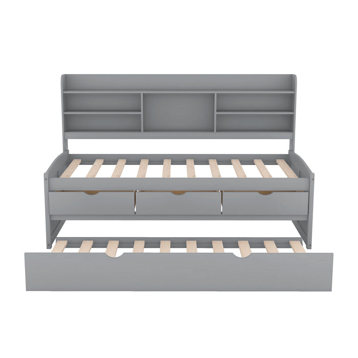 Captain Bed With Built In Bookshelves, 3 Storage Drawers, And Trundle