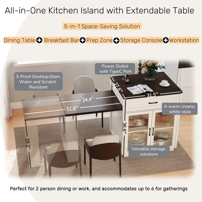 Extendable Kitchen Island With Slide Out Table And Storage Racks For 2 - 6 Person, Power Outlet, Bar, Prep Station - Creamy White / Walnut