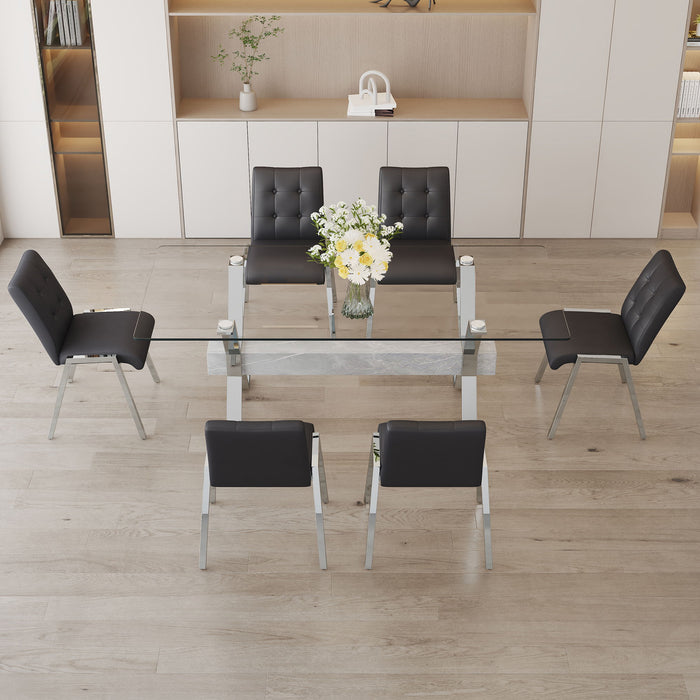 Table And Chair Set 1 Table And 6 Black Chairs Tempered Glass Desktop Equipped With Silver Plated Metal Legs And MDF Crossbars Paired With Armless Soft Backrest Dining Chairs