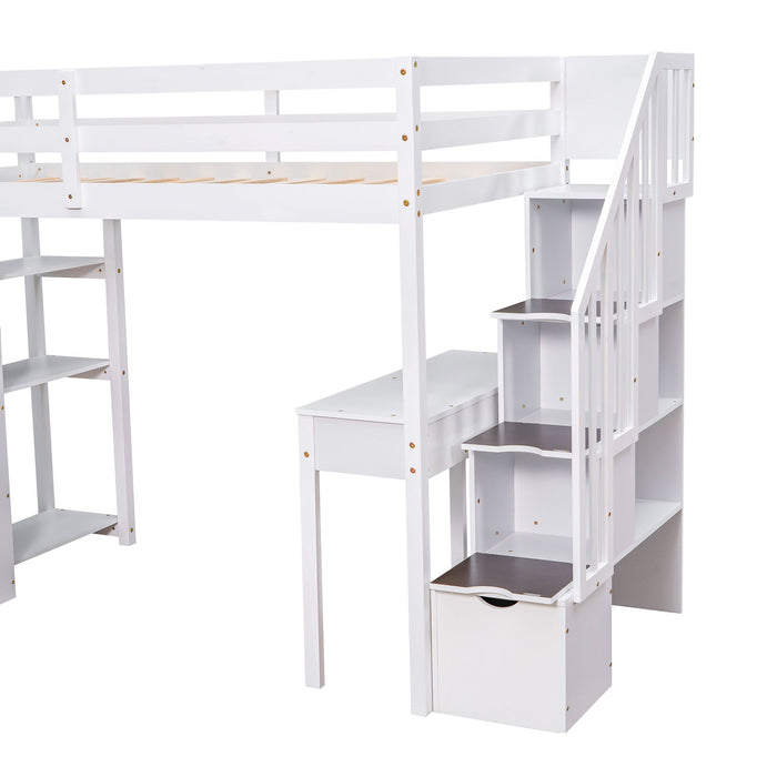 Loft Bed With Storage Drawers, Desk And Stairs With Shelves